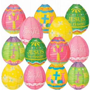 Wenqik 12 Pcs Easter Egg Paper Lanterns Party Decorations 10 Inch Spring Colorful Flower Dot Decorative Ceiling Hanging Lanterns for Home Easter Birthday Party Supplies, 6 Styles(Christian)