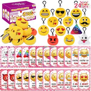 Valentines Day Gifts for Kids Classroom - 24Pcs Valentines Cards with Emoticon Plush KeyChains, Kids Teens School Valentines Exchange Cards Emotion Key Chains Party Favor Toys Carnival Prizes