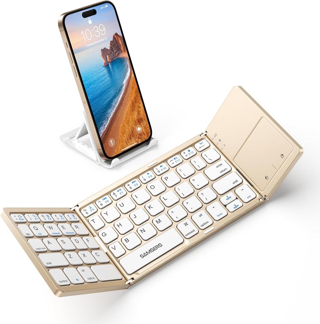Samsers Foldable Bluetooth Keyboard with Touchpad  Portable Wireless Keyboard with Holder, Rechargeable Full Size Ultra Slim Pocket Folding Keyboards for Android Windows iOS Tablet & Laptop  Gold