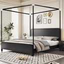 Stainless Steel Canopy Bed Frame Queen Size, Sturdy Post Poles Thicken Queen Size Canopy Frame for Metal Bed Wood Bed Bedroom Decor, Black (Black-Plastic Connectors)
