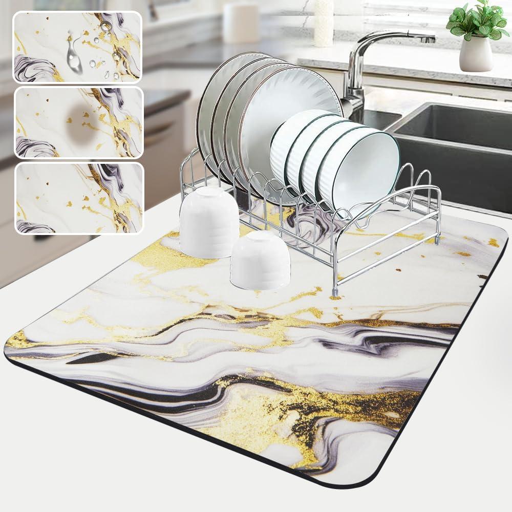 Sofort Dish Drying Mat for Kitchen Counter, Gold Black Marble Dish Drying Pad with Non-slip Rubber Backed, Super Absorbent Drying Mats for Dish Rack, Coffee Maker 16 x 24 Inches