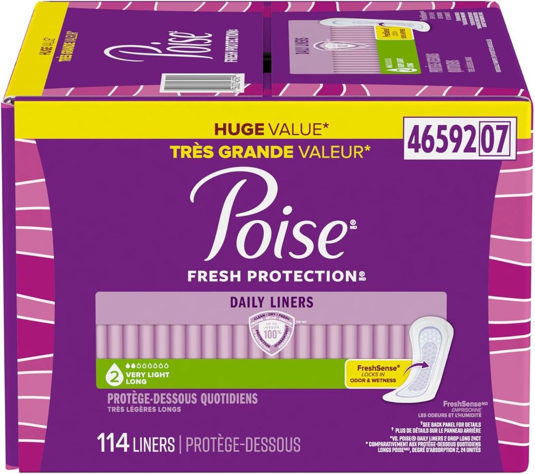 Poise Daily Liners, Incontinence Panty Liners for Bladder Leaks, 2 Drop Very Light Absorbency, Long Length, 114 Count of Pantiliners