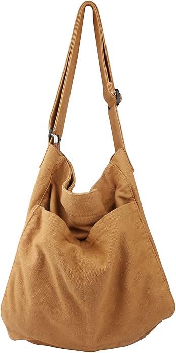 Canvas Hobo Crossbody Shoulder Tote Bag for Women and Men W/Multi-pocket Casual Purse Messenger Bags Travel Work (Color: Brown)