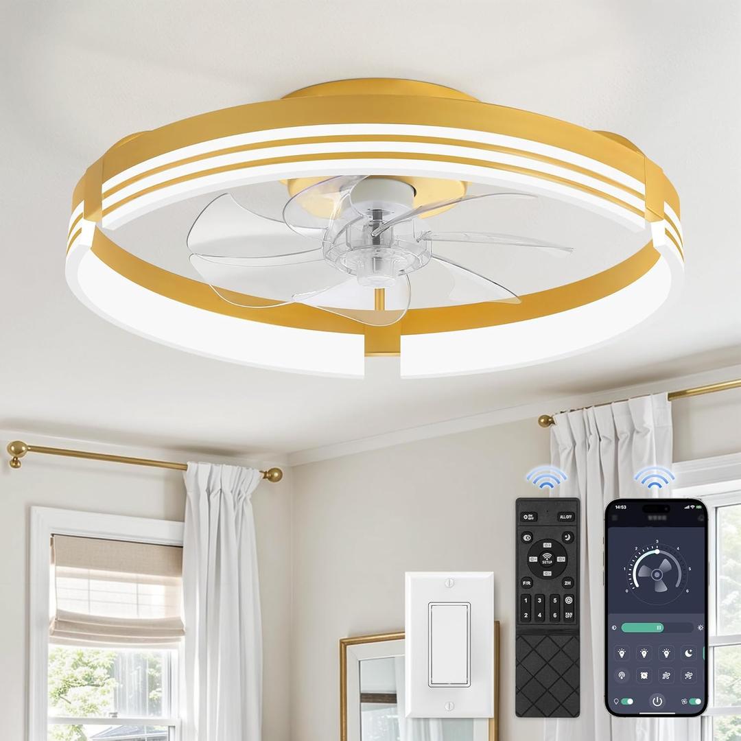 Low Profile Ceiling Fans with Lights and Remote, 20 Inch Flush Mount Ceiling Fan with Light, 3000K-6000K Dimmable Fandelier LED Fan Light, 6 Wind Speeds Gold Ceiling Fans for Bedroom