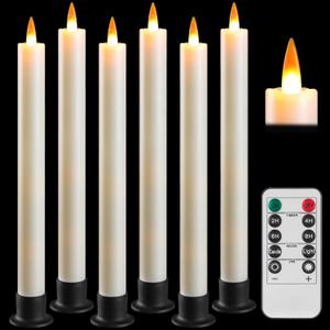 Da by 6 Flameless Window Candles with Remote Controller & Timer, LED Cone Stick Candle, Free 6 Black Bases, 9.6 Inch Battery Powered Christmas Candles for Home, Party, Holidays, Christmas Decoration