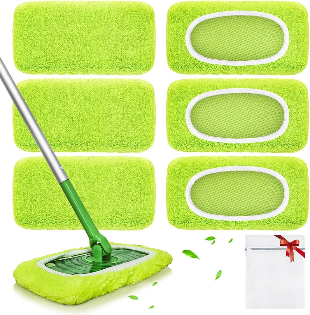 Reusable Mop Pads fit Swiffer Sweeper Mop - Microfiber Wet Pads Refill & Machine Washable Dry Sweeping Cloths for Mopping All Sealed Floors - Hardwood, Laminate, Tile & Stone (Mop is not Included) (6 Pack, Yellow-green)