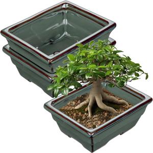 Ceramic Bonsai Pots with Drainage Hole Set of 2, Green Glazed Bonsai Planters for Indoor/Outdoor Use, Rectangular Shallow Bonzai Tree Pot for Succulent, Orchids, Cacti, Home, Patio, Garden, 6.3"x4.9", 6.3"x4.9"x2.8"