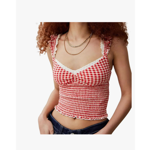 Women Y2k Gingham Tank Top Sleeveless Smocked Tank Tops Plaid Camisole Ruffle Hem Peplum Tops Summer Streetwear, Medium