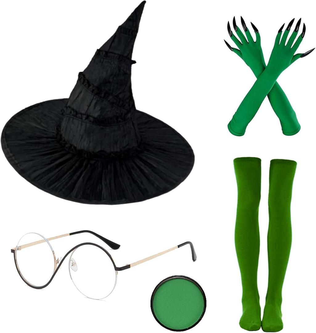 Witch Costume Accessories Glasses Hat Gloves Stockings Green Face Paint for Women Halloween Movie Wizard Cosplay Props Role-playing Party