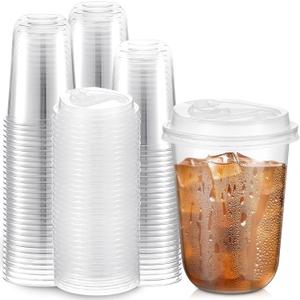 Baderke 100 Sets 16oz Disposable Crystal Clear Plastic Cups With Lids, Round Bottom Iced Coffee Cups With Lid for Smoothie, Cold Beverages, Drinking Tumblers, Cold Drinks for Party, Wedding, Event