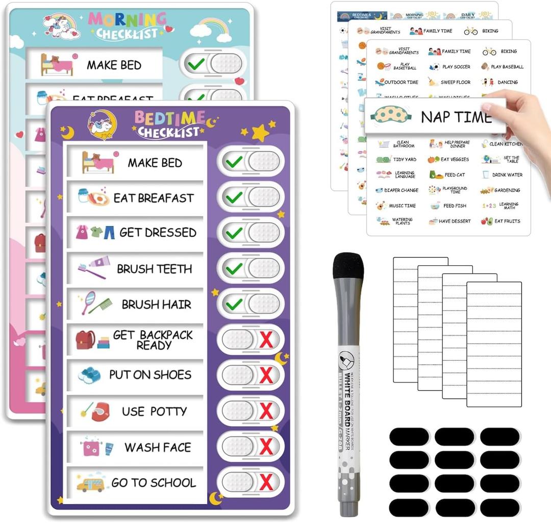 Upgraded 2 in 1 Bedtime/Morning Routine Chart - Magnetic Chore Chart, Cute Visual Schedule Board, Dry Erase Checklist for Kids & Toddlers