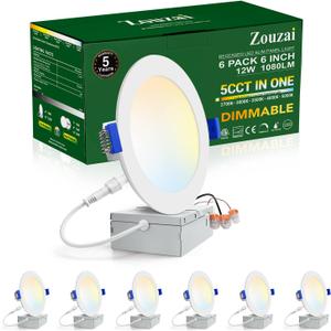 zouzai 6 Pack 6 Inch 5CCT Ultra-Thin LED Recessed Ceiling Light with Junction Box, 2700K/3000K/3500K/4000K/5000K Selectable, 12W Eqv 110W,Dimmable, led can Lights- ETL and Energy Star Certified