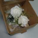 Floroom Ivory Rose Wrist Corsage Wristlet Band Bracelet and Men Boutonniere Set for White Wedding Flower Accessories Prom Suit Decorations