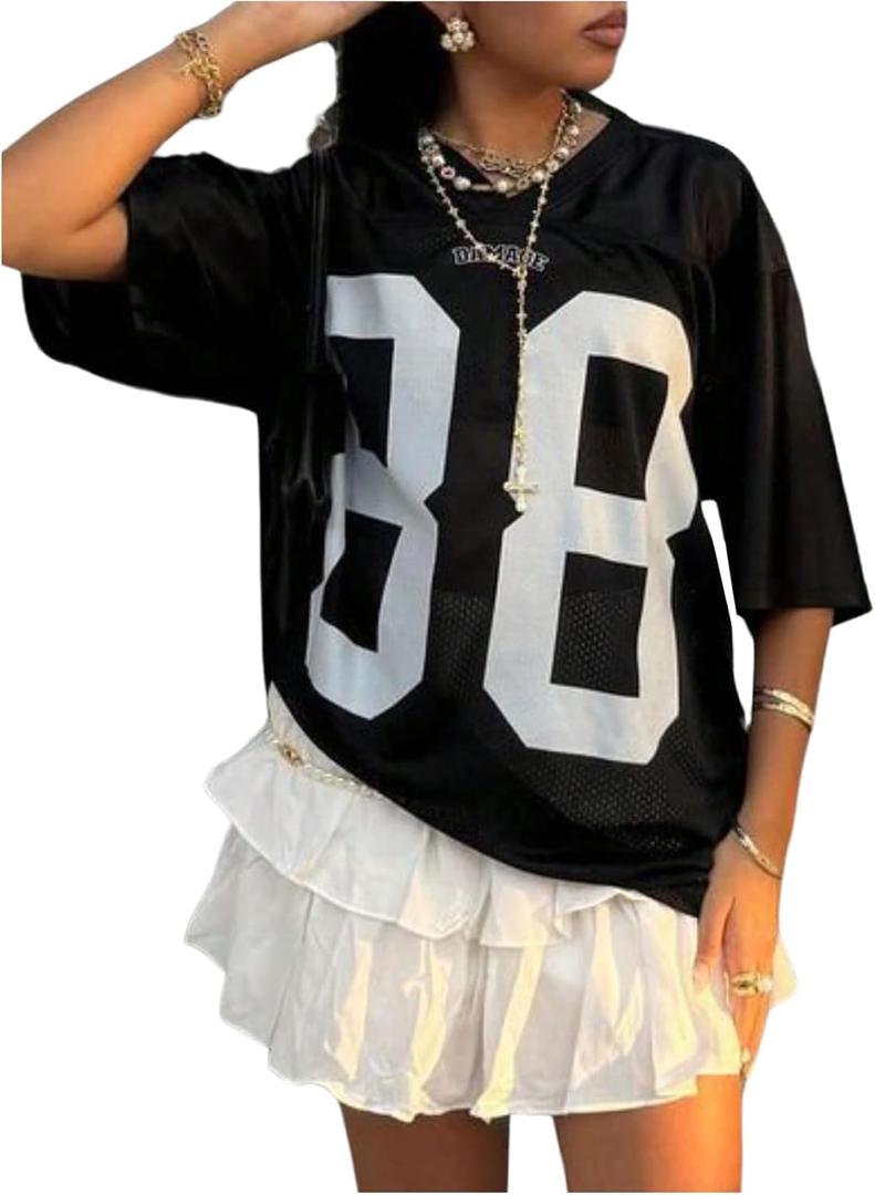 Verdusa Women's Plus Size Football Jersey Shirts Number Graphic Tees Short Sleeve T Shirt (Black, XXL)