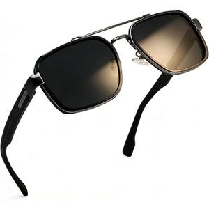 Joopin Square Aviator Sunglasses for Men Women Retro Pilot Sun Glasses Polarized UV Protection Double Bridge Shades (Black Frame Black Lens)