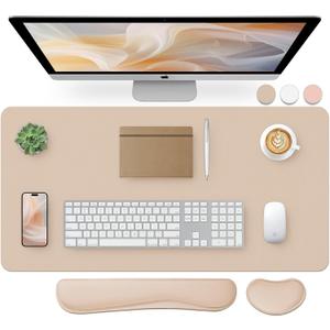 Bloss Leather Desk Pad and Keyboard Wrist Rest, Large Mouse Pad + Keyboard Pad+Mouse Wrist Support, Non-Slip Desk Mat Protector for Office, Home(31.515.7 Inches,Beige)
