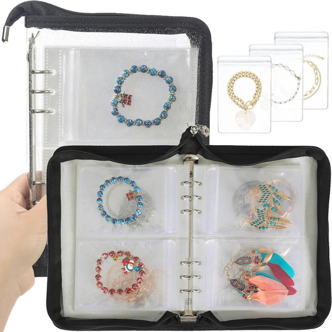 Jewelry Organizer Book Clear Travel earring book organizer Transparent Jewelry Book with Zipper Pouch Bags (Black,With 48 PCS Large Jewelry Bags)