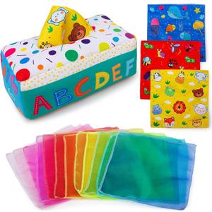 teytoy My First Baby Tissue Box, Soft Stuffed High Contrast Crinkle Montessori Square Sensory Toys Juggling Rainbow Dance Scarves for Toddler, Infants, Newborns and Kids Educational Preschool Learning