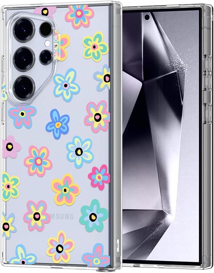 MOSNOVO Case for Samsung Galaxy S24 Ultra, [Buffertech 6.6ft Military-Grade Drop Protection] [Anti Peel Off Tech] Clear TPU Bumper Phone Case Cover Design - Groovy Flower