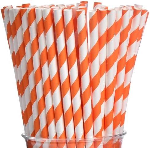 ALINK 75 Orange and White Striped Paper Straws, Biodegradable Disposable Drinking Straws for Halloween, Bridal Shower, Brithday, New Year, Party Decoration Supplies