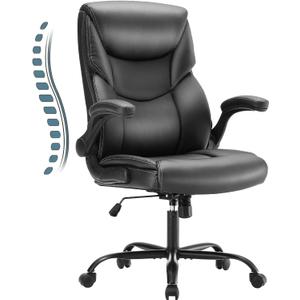 Sweetcrispy Ergonomic Computer Gaming Office Chair, Heavy Duty Task Desk Swivel Rolling Chairs with Wheels, Flip-up Arms, Adjustable Height, PU Leather, Black