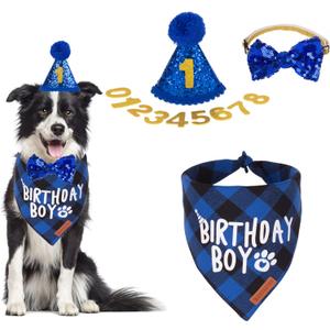 ADOGGYGO Dog Birthday Party Supplies, Multi Size Offered, Blue Birthday Boy Dog Bandana, Pet Party Hat with Numbers Bow for Medium Large Pets (Large)