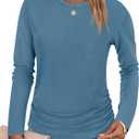 Tankaneo Womens T-Shirts Summer Long Sleeve 2025 Crew Neck Blouse Dressy Casual Ruched Slim Fit Trendy Tops (Blue, L)