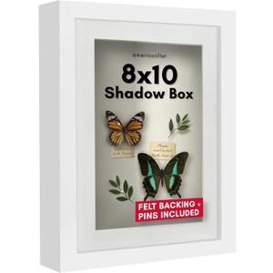 Americanflat 8x10 Shadow Box Frame with Shatter-Resistant Glass - Use as 6x8 Frame with Mat or 8x10 Without Mat - Silhouette Collection - White with Soft Felt Back