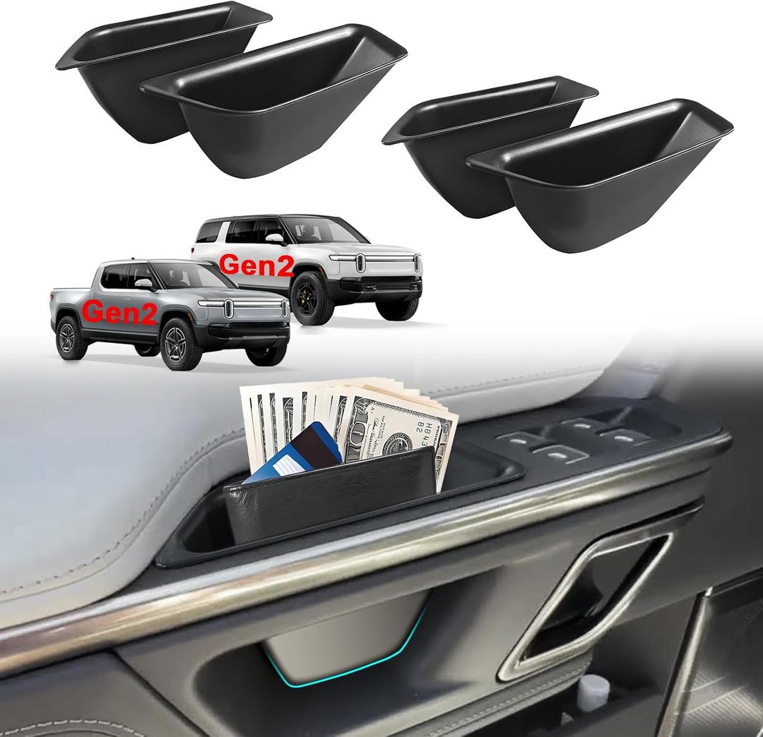 BestEvMod 4PCS Front & Rear Door Side Storage Organizer fit for Rivian R1T/R1S 2025 2026 Gen2 Interior Accessories Inner Door Handle Storage Box Insert Tray ABS Material Anti-Scratch (Drop-in)