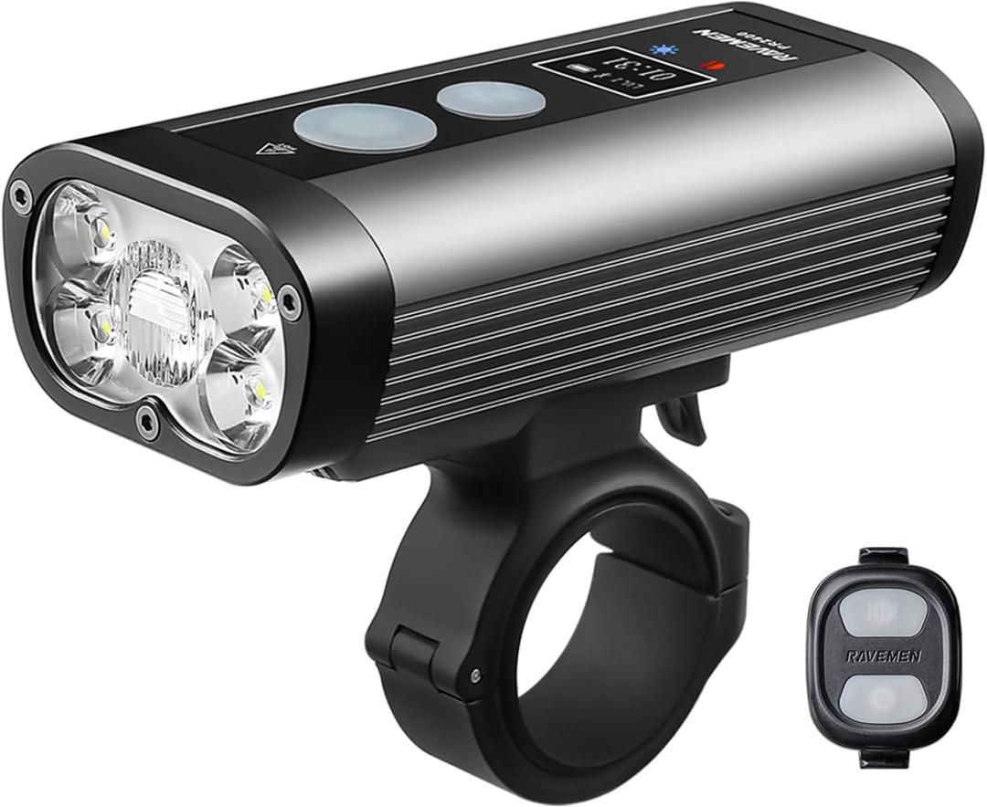 RAVEMEN PR2400 Bike Light for Mountain Biking, 2400 Lumens Bike Headlight with OLED Runtime Display, USB Output, Far Reaching High Beam, Anti-Glare Low Beam, IPX8 Waterproof