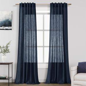 Navy Blue Linen Blend Drapes 84 Inch Length 2 Panels Set Back Tab Rod Pocket Light Filtering Semi Sheer Textured Indigo Blue Curtains Boho Farmhouse Decor Curtains for Living Room Bedroom 40x84