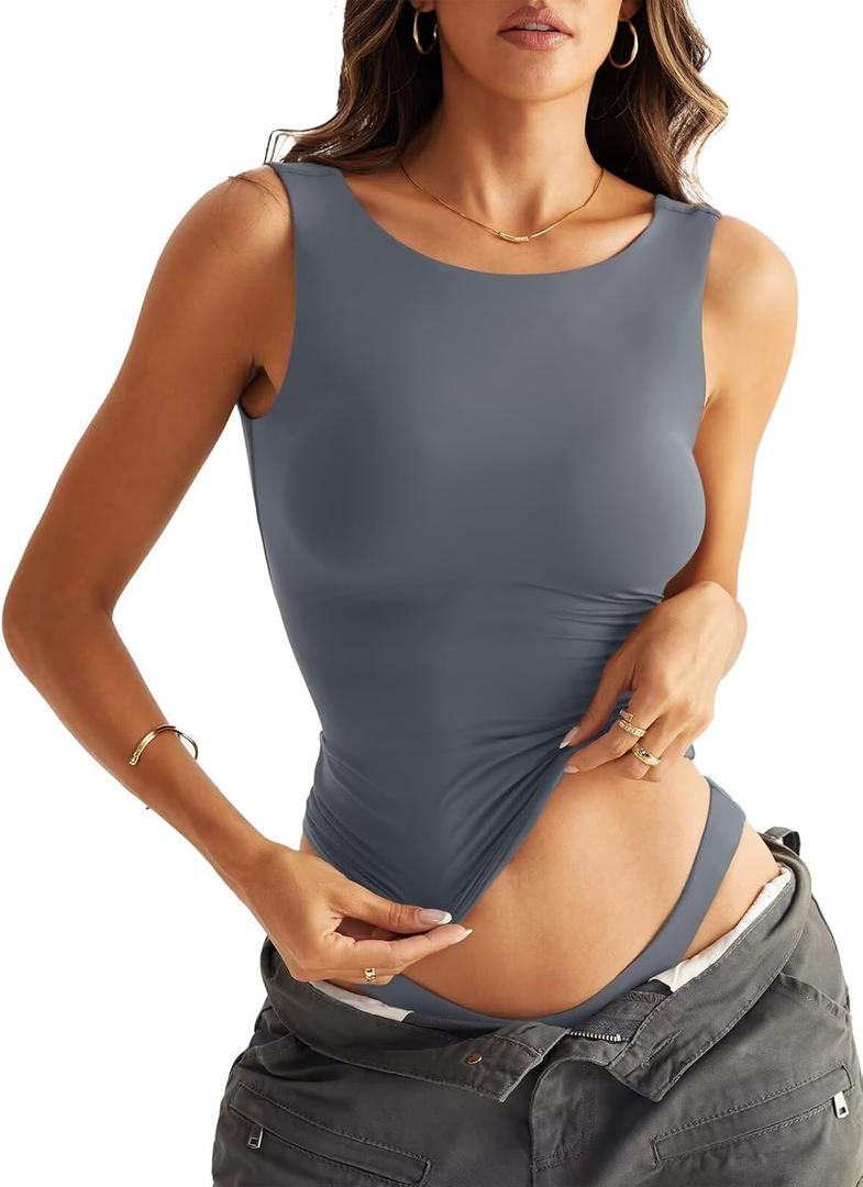 Women Sleeveless Boat Neck Tops Double Lined Backless Tank Tops Basic Fitted T Shirts 2025 (X-Large, Grey)