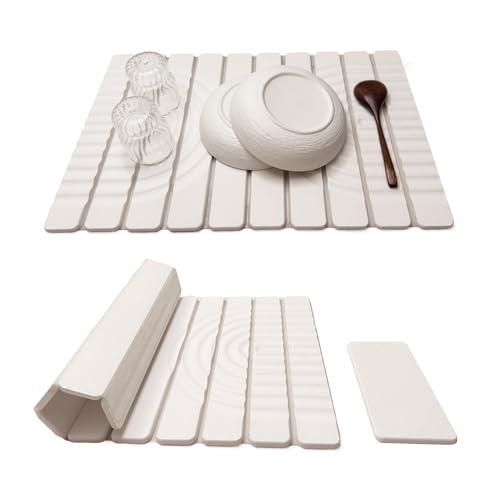 Stone Drying Mat for Kitchen Counter, 23.62"X15.35" Absorbent Diatomaceous Earth Bath Mat，Roll This Non-Slip Highly Absorbent Drying Mat Into a Compact Size for Seamless Storage in Drawers (White)