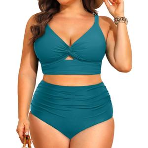 Daci Plus Size Two Piece Swimsuits - Women High Waisted Bikini Tummy Control Bathing Suits Knot Twist Swimwear 2025 (Teal), Size: 16 Plus