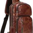 LANNSYNE Full Grain Leather Sling Bag For Men Crossbody Chest Daypack fits 10.5" iPad