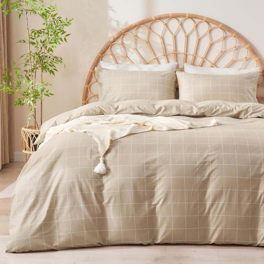 JELLYMONI 100% Natural Cotton Queen Duvet Cover Set, 3pcs Plaid Duvet Cover Sets with Zipper Closure, Grid Geometric Pattern Comforter Cover, Dark Grey (0210)