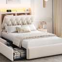 Twin LED Velvet Bed Frame with 2 Storage Drawers&Hidden Headboard, Upholstered Platform Bed with Charging Station&Button Tufted Design, Wooden Slats Support, Box Spring Optional, Easy Assembly, Beige