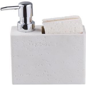 White Travertine Soap Dispenser with Sponge & Brush Holder  Hand & Dish Resin Soap Pump Bottle for Kitchen & Bathroom, 2-in-1 Countertop Organizer, with 2 Natural Sponges (Luxury Home Decor)