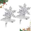 Loncaster Stocking Holders for Mantle Set of 2, Snowflakes Christmas 3D Stocking Hangers for Mantel with Shiny Metal & Glitter, Christmas Stocking Holder for Fireplace, Shelf, Tabletop (Sliver)