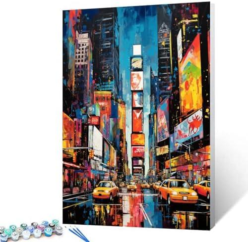 Pack of 2, New York Times Square Paint by Numbers Kits with Brushes and Acrylic Pigment on Canvas Graffitic America Cityscape Painting for Adults,Broadway Arts Crafts Home Decor Gifts 16''x20''(Framedless)