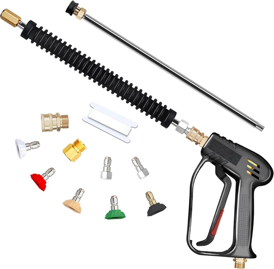 TOOLCY Pressure Washer Gun and Wand with 5 Spray Nozzles, 4000 PSI, 7 GPM, M22 14mm Inlet and M22 15mm Adapter, Car Pressure Washer Extension Wand with 1/4 Quick Connector Coupler (Black)