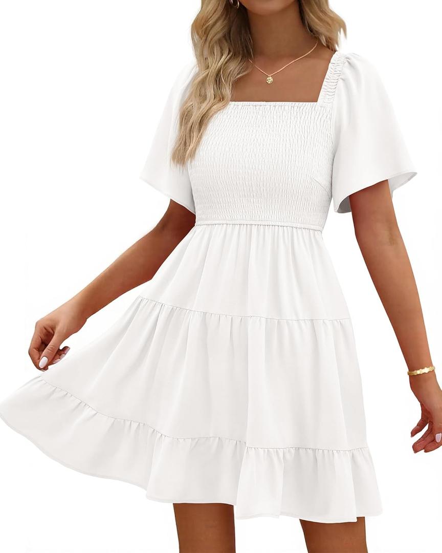 BTFBM Womens Summer Smocked Mini Dress Spring Square Neck Flutter Sleeve Casual Ruffle Swing Boho Beach Dresses Pockets (Large, White)