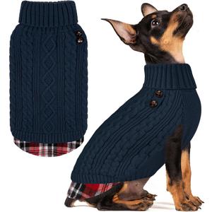 KYEESE Dog Sweater Small Dogs Sweater Stretchy Knitwear Cat Clothes Soft Pullover Warm Turtleneck Dog Sweaters for Small Dogs Male with Gingham Patchwork Thick Pet Coat for Fall Winter Cold Weather (4# Navyblue, Small)