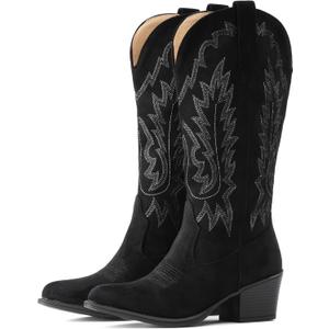 IUV Suede Cowboy Boots For Women Chunky Heel Pointed Toe Cowgirl Boots Mid Calf Western Embroidery fall Boot, Size: 8