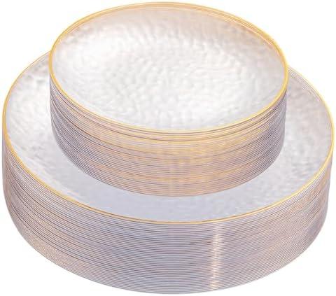 Rubtlamp 30Pcs Clear Plastic Plates,Clear Disposable Plates With Gold Rim,Heavy-duty Gold Plates