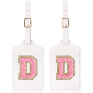 2 Pack Personalized Initial Luggage Tags for Suitcases with Chenille Letter, Cute Leather Luggage Tag Monogrammed Tags for Baggage Bag Travel Gifts for Women Kids Teens(White_D)