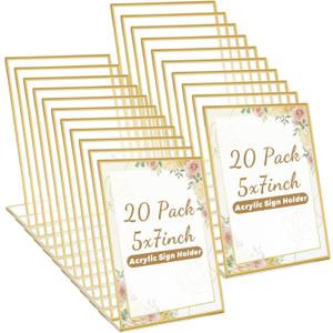 20PCS Gold Acrylic Sign Holder 5x7 Acrylic Gold Frame Double Sided Table Number Frames Slanted Back Wedding Sign Stand for Wedding Party Photos Art Display