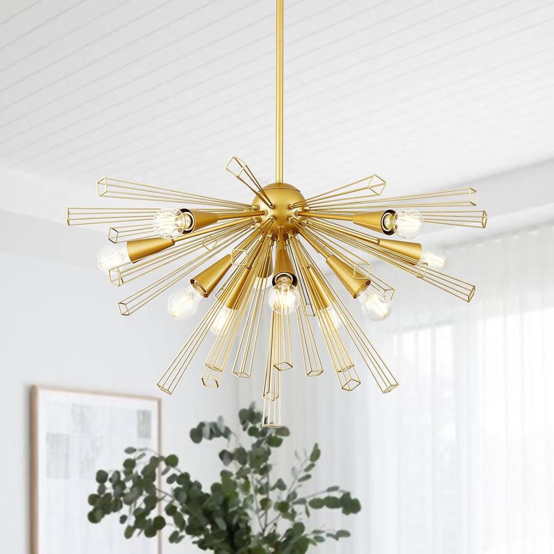 9MMML Gold 10-Light Sputnik Chandelier, Farmhouse Pendant Light Fixture with 48'' Height Adjustable Hanging Pole, 34'' Large Chandelier for Living Room, Dining Room, Kitchen, Bedroom, E26 Base