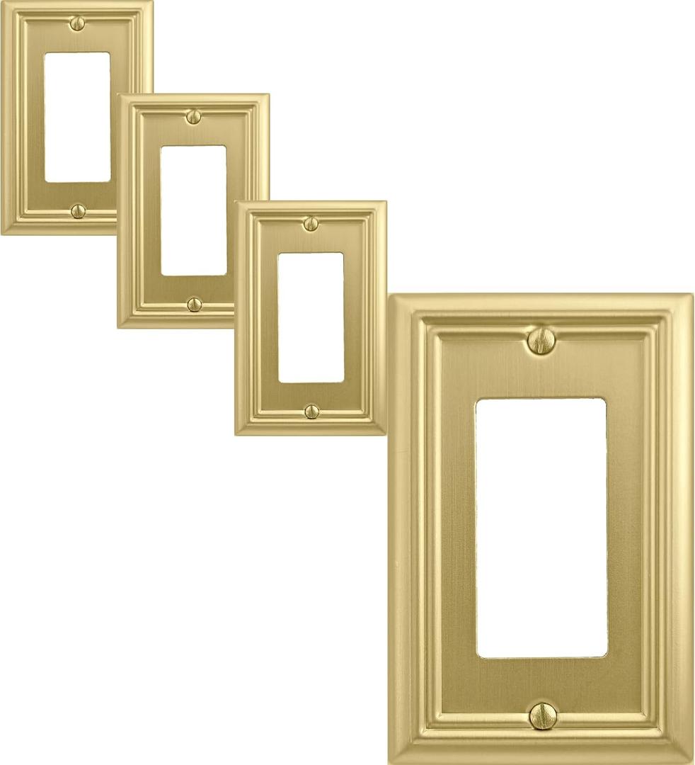 OKAWYC Single Decorator Light Switch Cover Adler Metal Wall Plate, 4-Pack Brushed Brass 1 Gang Single Rocker, for Receptacle Dimmer Switch GFCI Outlet Decorative Wallplate, Durable