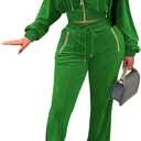 Adogirl Women 2 Piece Outfits Velour Sweatsuit Jogging Suit Full Zipper Sweatshirt + Wide Leg Sweatpants Tracksuit Lounge Set (Medium, Green)